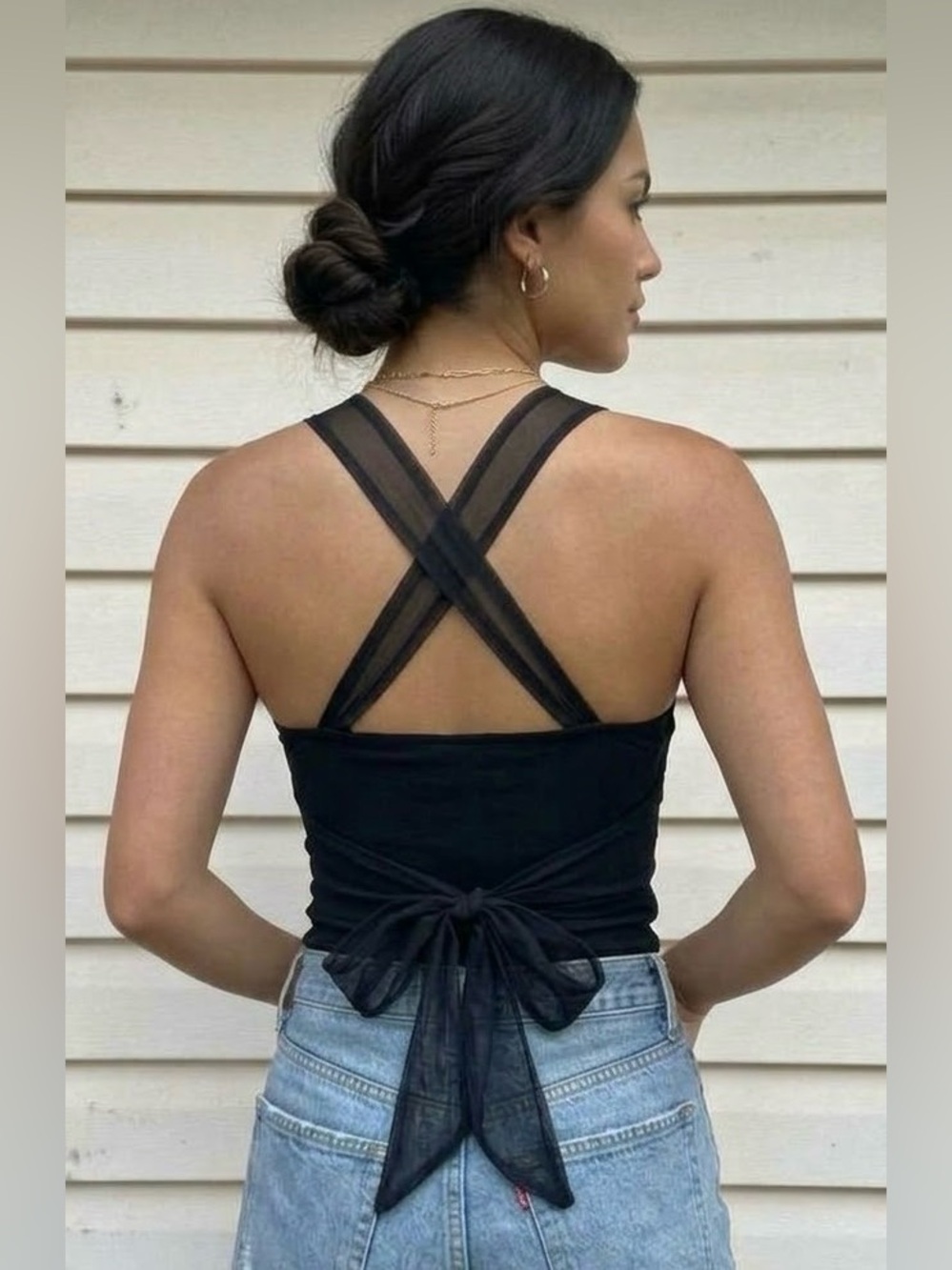Black Ruched Bust Cami Top w/ Sheer Tie Shoulder Straps XS (see measurements)